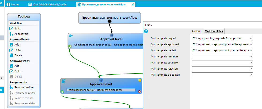O Home Toolbox [7 Edit... Align layoLt Approval levels Add [7 Edit... Delete Approval steps Add [7 Edit... Assignm ene IDM-Da.GOR.EKB.l_AMonelM npoeKTHaq AemenbHOCTb workflow x npoeKTHaq memenbHOCTb workflow Approval level Compli ance check si mp lifi ed (CR - Comp liance check sim Approval level Recipient's manager (CM- Recipient's manager) Genera IT Shop Mail templates - pending requests for approver Mail template request Mail template approved Mail template denied Mail template remirder Mail template escalabon Mail template rejection Mail template delegation IT Shop request - approval granted to approva v IT Shop request - approval not granted to appl v Remove posibve Remove negative Remove reroute Remove escalaton 